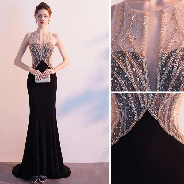 Charmant Noire Robe De Soirée 2019 Trompette / Sirène Encolure Dégagée Perlage Faux Diamant Paillettes Sans Manches Dos Nu Train De Balayage Robe De Ceremonie