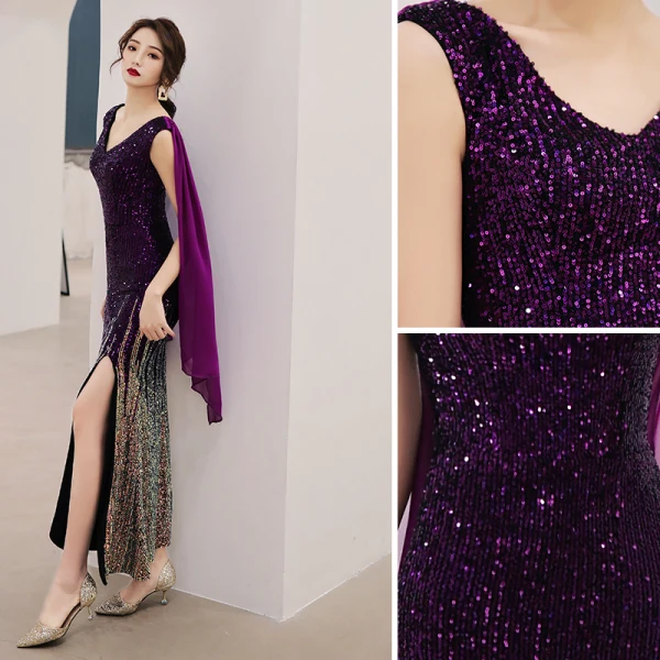 Charmant Violet Dégradé De Couleur Robe De Ceremonie 2019 Trompette / Sirène V-Cou Paillettes Sans Manches Dos Nu Longueur Cheville Robe De Soirée