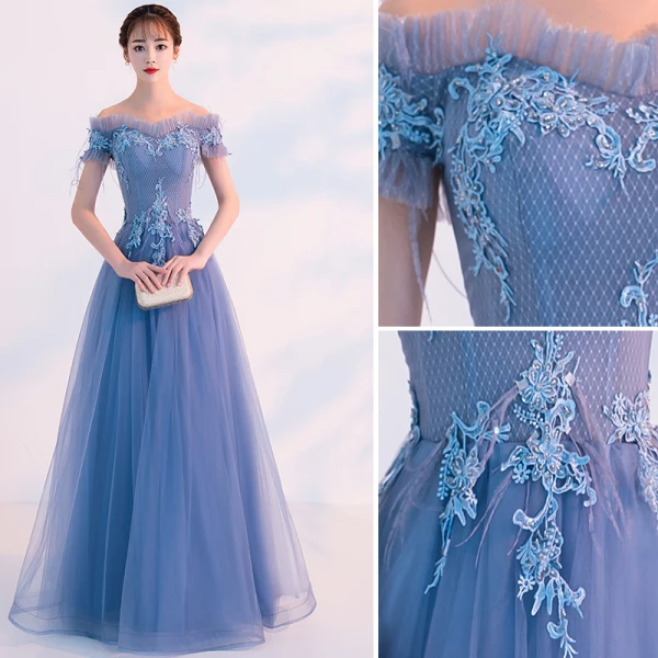 Chic / Beautiful Sky Blue Evening Dresses 2019 A-Line / Princess Off-The-Shoulder Beading Pearl Lace Flower Short Sleeve Backless Floor-Length / Long Formal Dresses