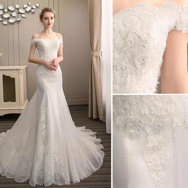 Classy Ivory Wedding Dresses 2019 Backless Trumpet / Mermaid Off-The-Shoulder Beading Pearl Lace Flower Sleeveless Court Train
