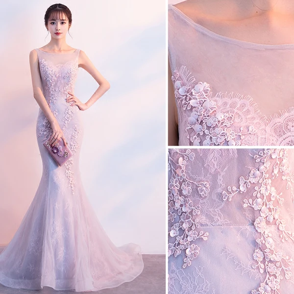 Chic / Belle Rougissant Rose Robe De Soirée 2019 Trompette / Sirène Encolure Dégagée Paillettes En Dentelle Fleur Sans Manches Train De Balayage Robe De Ceremonie