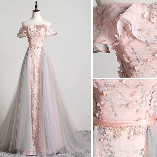 Charmant Rougissant Rose Robe De Soirée 2019 Princesse De l'épaule Appliques En Dentelle Fleur Ceinture Manches Courtes Dos Nu Tribunal Train Robe De Ceremonie