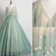 Elegant Sage Green Prom Dresses 2019 Ball Gown V-Neck Lace Flower 1/2 Sleeves Backless Floor-Length / Long Formal Dresses