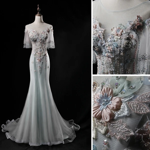 Chic Argenté Vert Cendré Robe De Soirée 2019 Trompette / Sirène Encolure Dégagée Perlage Paillettes En Dentelle Fleur Appliques Perle Manches Courtes Dos Nu Train De Balayage Robe De Ceremonie
