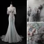 Chic Argenté Vert Cendré Robe De Soirée 2019 Trompette / Sirène Encolure Dégagée Perlage Paillettes En Dentelle Fleur Appliques Perle Manches Courtes Dos Nu Train De Balayage Robe De Ceremonie
