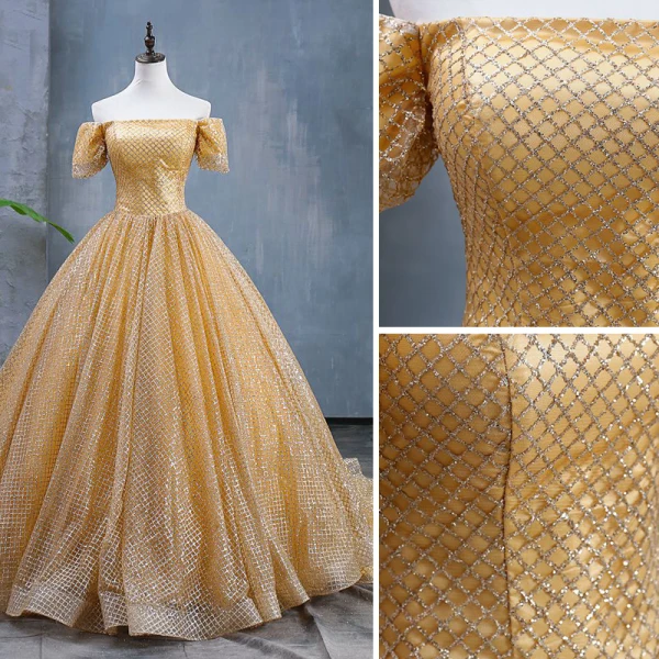 Scintillantes Doré Robe De Mariée 2019 Robe Boule De l'épaule Paillettes Manches Courtes Dos Nu Chapel Train