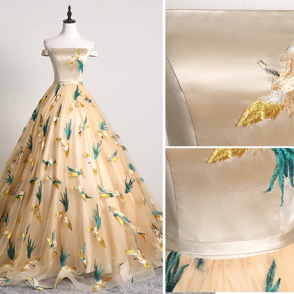 Classic Champagne Prom Dresses 2019 A-Line / Princess Off-The-Shoulder Embroidered Sleeveless Backless Court Train Formal Dresses