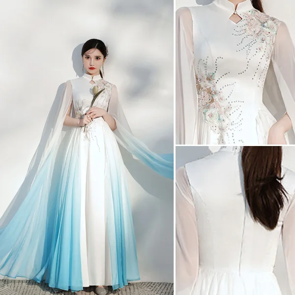 Chinese style Gradient-Color Ivory Cheongsam / Qipao Evening Dresses  2021 Chiffon A-Line / Princess High Neck Beading Short Sleeve Floor-Length / Long Formal Dresses