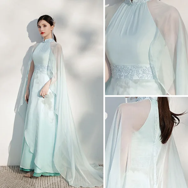 Chinese style Mint Green Printing Cheongsam / Qipao Evening Dresses  Chiffon 2021 A-Line / Princess High Neck Beading Short Sleeve Floor-Length / Long Evening Party Formal Dresses