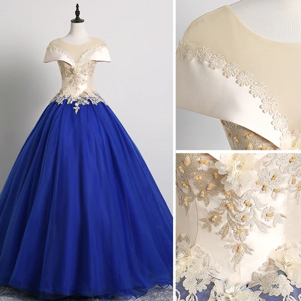 Vintage / Originale Bleu Roi Robe De Bal 2019 Robe Boule Encolure Dégagée Perle En Dentelle Fleur Appliques Mancherons Dos Nu Longue Robe De Ceremonie
