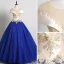 Vintage / Originale Bleu Roi Robe De Bal 2019 Robe Boule Encolure Dégagée Perle En Dentelle Fleur Appliques Mancherons Dos Nu Longue Robe De Ceremonie