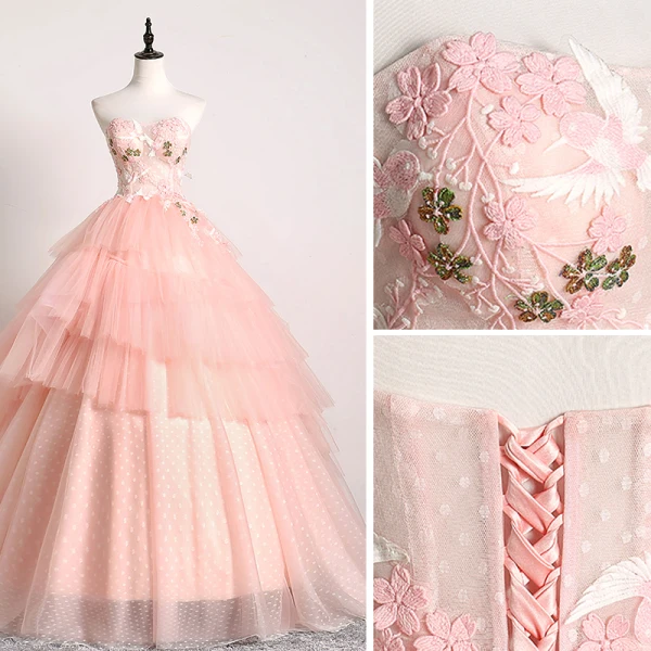 Stilig Rødmende Rosa Ballkjoler 2019 Ballkjole Kjæreste Blonder Blomst Uten Ermer Ryggløse Gripende Ruffles Feie Tog Formelle Kjoler