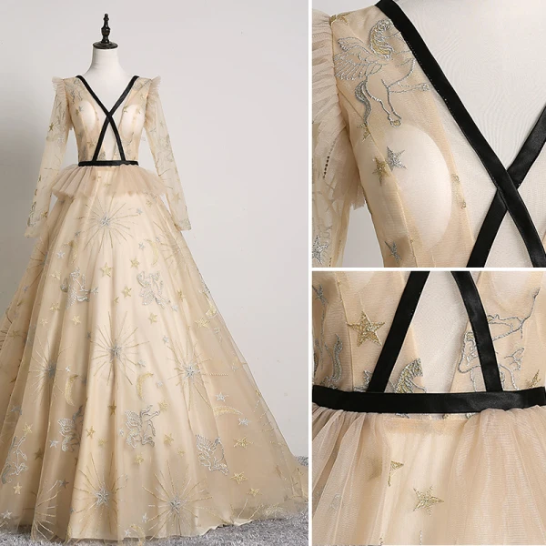 Élégant Beige Robe De Bal 2019 Princesse V-Cou En Dentelle Étoile Manches Longues Dos Nu Train De Balayage Robe De Ceremonie