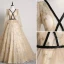 Élégant Beige Robe De Bal 2019 Princesse V-Cou En Dentelle Étoile Manches Longues Dos Nu Train De Balayage Robe De Ceremonie