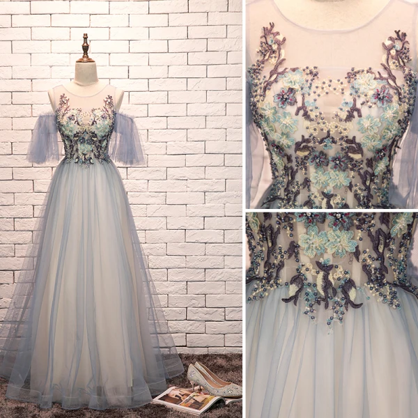 Élégant Bleu Ciel Robe De Soirée 2019 Princesse Encolure Dégagée Perlage En Dentelle Fleur Manches Courtes Dos Nu Longue Robe De Ceremonie