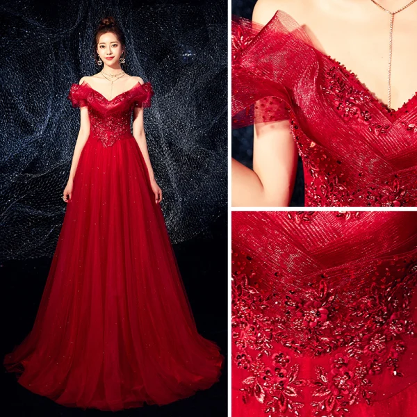 Charmant Bordeaux Robe De Soirée 2019 Princesse De l'épaule Perlage Paillettes Cristal Appliques En Dentelle Fleur Manches Courtes Dos Nu Longue Robe De Ceremonie