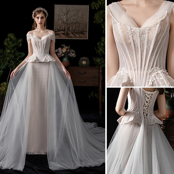 Amazing / Unique Champagne Wedding Dresses 2019 A-Line / Princess Off-The-Shoulder Pearl Lace Flower Short Sleeve Backless Chapel Train