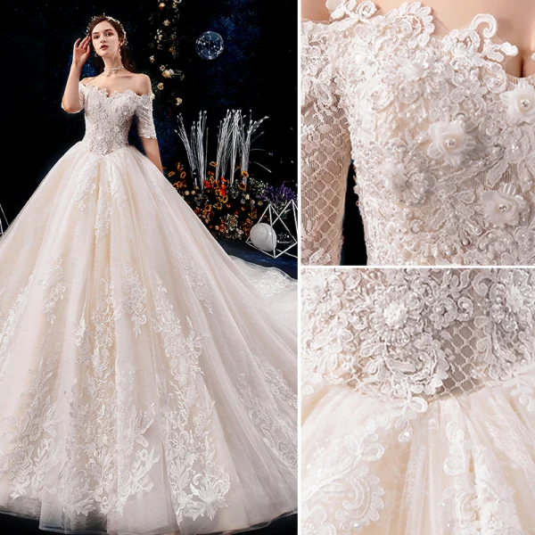 Luxury / Gorgeous Champagne Wedding Dresses 2019 Ball Gown Off-The-Shoulder Beading Sequins Pearl Lace Flower Appliques Short Sleeve Backless Royal Train
