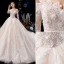 Luxury / Gorgeous Champagne Wedding Dresses 2019 Ball Gown Off-The-Shoulder Beading Sequins Pearl Lace Flower Appliques Short Sleeve Backless Royal Train