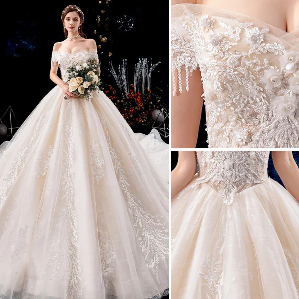 Charming Champagne Wedding Dresses 2019 A-Line / Princess Off-The-Shoulder Beading Tassel Pearl Lace Flower Appliques Short Sleeve Backless Royal Train