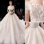 Charming Champagne Wedding Dresses 2019 A-Line / Princess Off-The-Shoulder Beading Tassel Pearl Lace Flower Appliques Short Sleeve Backless Royal Train