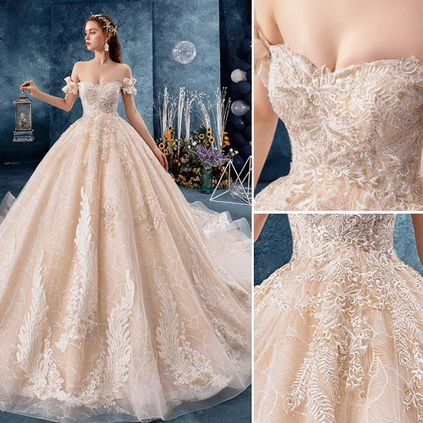 Charming Champagne Wedding Dresses 2019 Ball Gown Off-The-Shoulder Beading Lace Flower Sleeveless Backless Royal Train