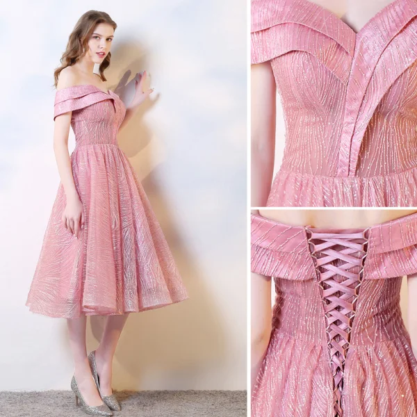 Chic / Belle Rose Bonbon de retour Robe De Graduation 2019 Princesse De l'épaule Paillettes Manches Courtes Dos Nu Thé Longueur Robe De Ceremonie