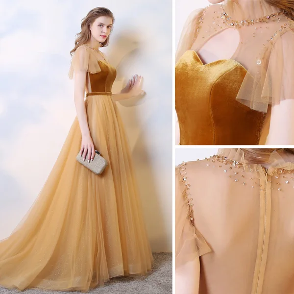 Chic / Beautiful Gold Evening Dresses 2019 A-Line / Princess Suede Scoop Neck Beading Sequins Short Sleeve Floor-Length / Long Formal Dresses