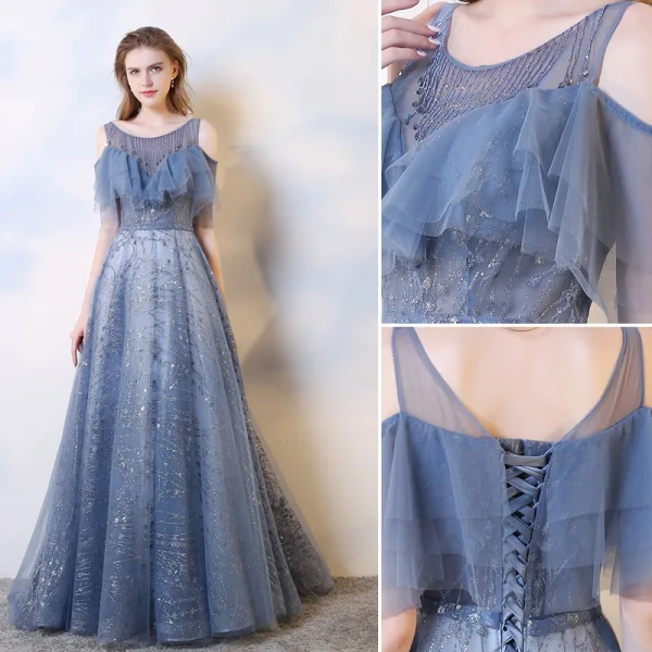 Charmant Océan Bleu Robe De Soirée 2019 Princesse Encolure Dégagée Perlage Cristal Paillettes Manches Courtes Dos Nu Train De Balayage Robe De Ceremonie
