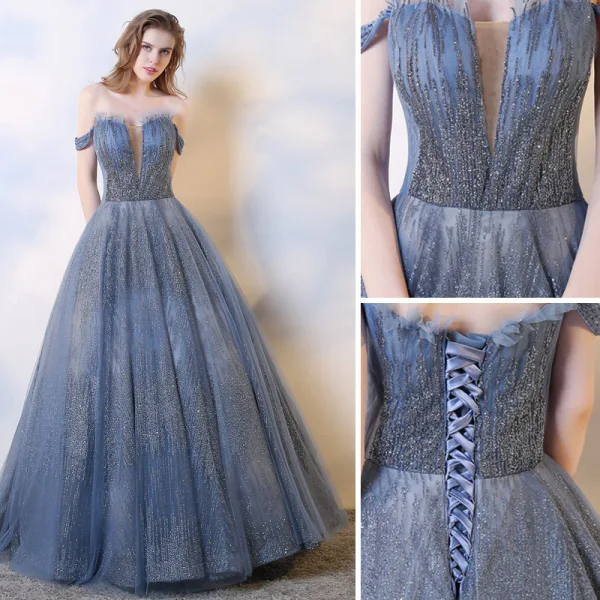 Charmant Meeresblau Abendkleider 2019 A Linie Off Shoulder Perlenstickerei Pailletten Ärmellos Rückenfreies Lange Festliche Kleider