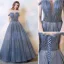Charmant Meeresblau Abendkleider 2019 A Linie Off Shoulder Perlenstickerei Pailletten Ärmellos Rückenfreies Lange Festliche Kleider