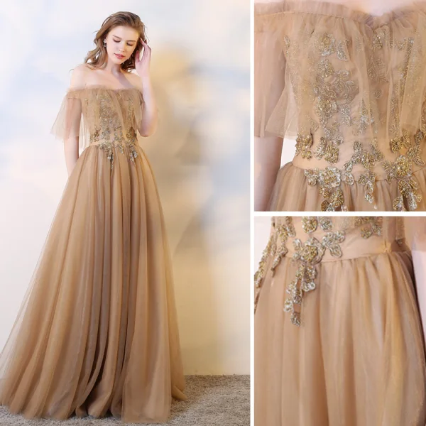Chic / Beautiful Champagne Evening Dresses 2019 A-Line / Princess Sleeveless Beading Sequins Pearl Crystal Off-The-Shoulder Backless Floor-Length / Long Formal Dresses