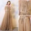 Chic / Beautiful Champagne Evening Dresses  2019 A-Line / Princess Sleeveless Beading Sequins Pearl Crystal Off-The-Shoulder Backless Floor-Length / Long Formal Dresses