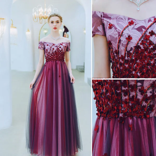 Charmant Bordeaux Robe De Soirée 2019 Princesse De l'épaule Perlage En Dentelle Fleur Appliques Manches Courtes Dos Nu Longue Robe De Ceremonie