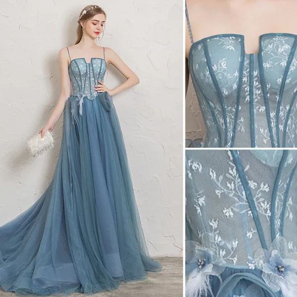 Schöne Meeresblau Abendkleider 2019 A Linie Spaghettiträger Strass Applikationen Spitze Blumen Ärmellos Rückenfreies Hof-Schleppe Festliche Kleider