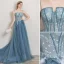 Schöne Meeresblau Abendkleider 2019 A Linie Spaghettiträger Strass Applikationen Spitze Blumen Ärmellos Rückenfreies Hof-Schleppe Festliche Kleider