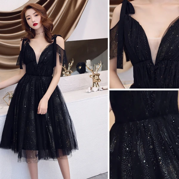 Charmant Noire Robe De Soirée 2019 Princesse Bretelles Spaghetti Étoile Paillettes Manches Courtes Dos Nu Mi-Longues Robe De Ceremonie