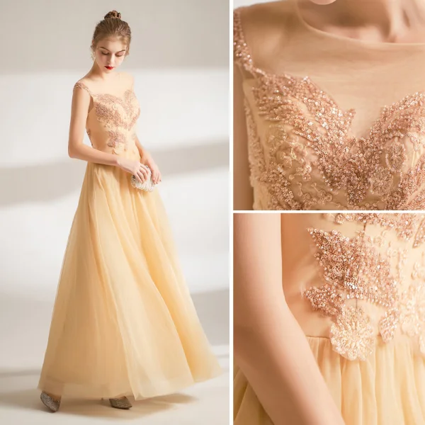 Chic / Beautiful Pool Blue Evening Dresses 2018 A-Line / Princess Lace Flower Appliques Beading Bow Scoop Neck Backless Sleeveless Floor-Length / Long Formal Dresses