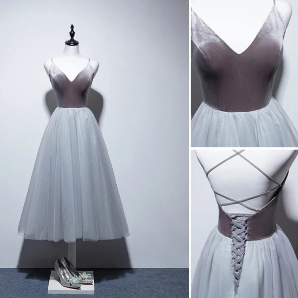 Sexy Grey Evening Dresses 2019 A-Line / Princess Spaghetti Straps Suede Sleeveless Backless Tea-length Formal Dresses