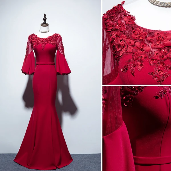 Chic / Beautiful Burgundy Evening Dresses 2019 Trumpet / Mermaid Scoop Neck Beading Sequins Lace Flower Appliques 3/4 Sleeve Backless Floor-Length / Long Formal Dresses