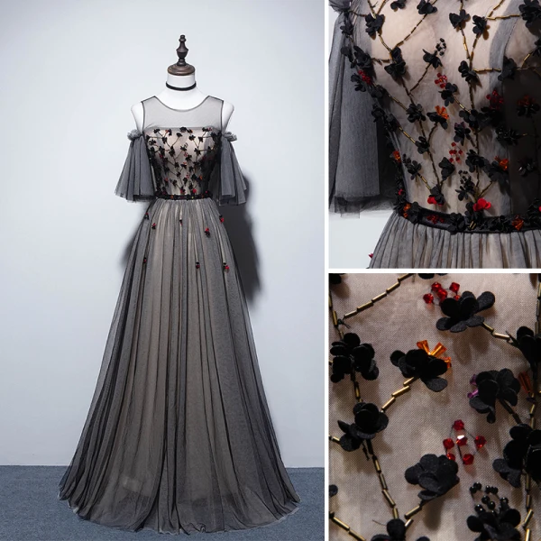 Eleganta Svarta Aftonklänningar 2019 Prinsessa Urringning Beading Kristall Appliqués Korta ärm Halterneck Långa Formella Klänningar