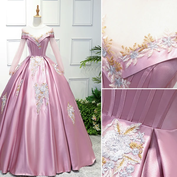 Elegant Candy Pink Prom Dresses 2019 Ball Gown Scoop Neck Lace Flower Long Sleeve Floor-Length / Long Formal Dresses