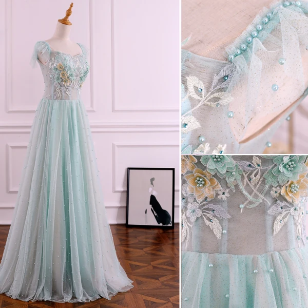 Chic / Beautiful Sage Green Evening Dresses 2019 A-Line / Princess Square Neckline Pearl Sequins Lace Flower Sleeveless Backless Floor-Length / Long Formal Dresses