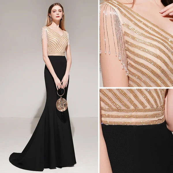 Modern / Fashion Black Evening Dresses  2018 A-Line / Princess Beading Bow Lace V-Neck Backless Pierced 1/2 Sleeves Floor-Length / Long Formal Dresses