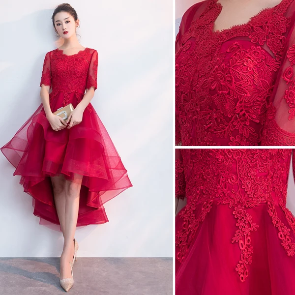 Charming Burgundy Party Dresses 2019 A-Line / Princess Scoop Neck 1/2 Sleeves Lace Flower Asymmetrical Formal Dresses
