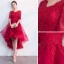 Charming Burgundy Party Dresses 2019 A-Line / Princess Scoop Neck 1/2 Sleeves Lace Flower Asymmetrical Formal Dresses