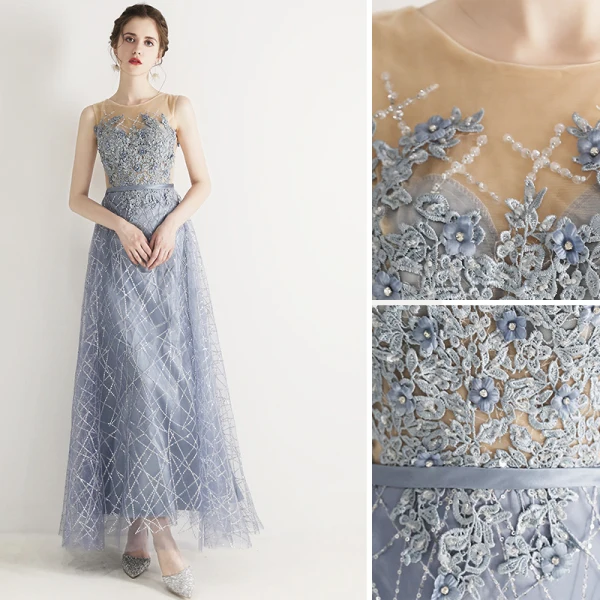 Chic / Belle Bleu Ciel Robe De Soirée 2019 Princesse Encolure Dégagée Perlage En Dentelle Fleur Appliques Faux Diamant Sans Manches Longue Robe De Ceremonie