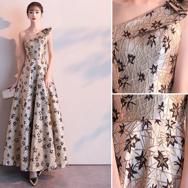 Classy Gold Evening Dresses  2019 A-Line / Princess One-Shoulder Lace Flower Sleeveless Backless Floor-Length / Long Formal Dresses