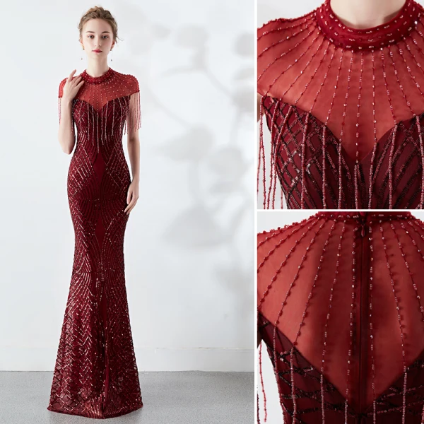 Classy Burgundy Evening Dresses 2019 Trumpet / Mermaid Scoop Neck Beading Tassel Sequins Short Sleeve Floor-Length / Long Formal Dresses