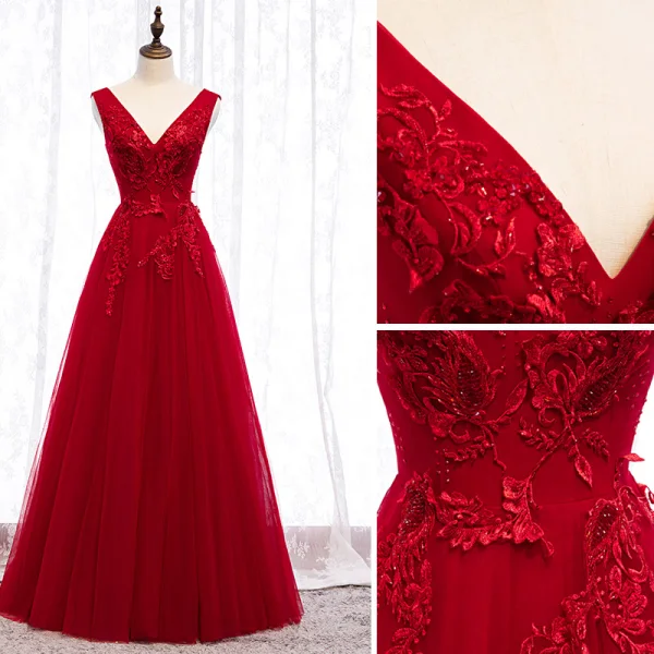 Chic / Belle Bordeaux Robe De Soirée 2019 Princesse V-Cou Perlage Cristal En Dentelle Fleur Sans Manches Dos Nu Longue Robe De Ceremonie